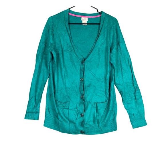 LL Bean Women Sweater Teal Open Cardigan Button Front Pockets Cashmere Blend M - Picture 1 of 11